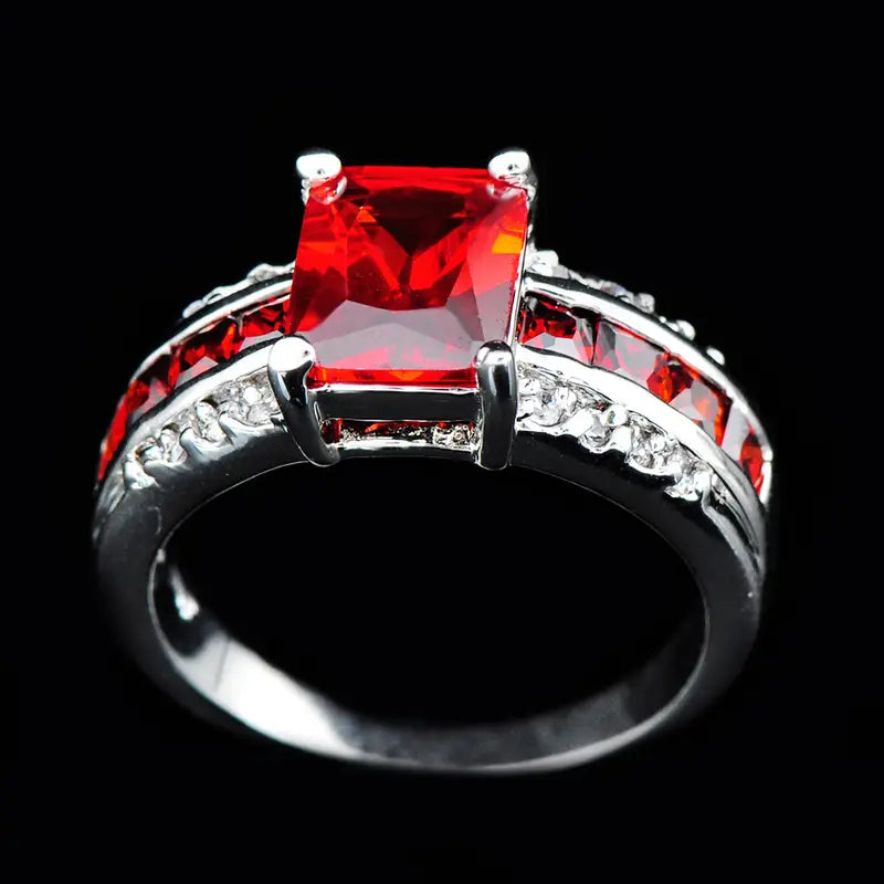 Silver-Toned Red Crystal Split-Shank Ring
