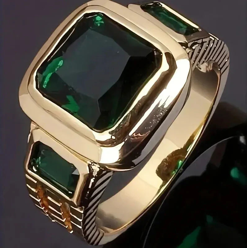 Gold-Toned Green Crystal Signet Ring