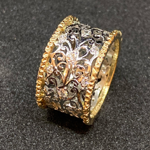 Silver-Toned and Gold-Toned Ornate Band Ring