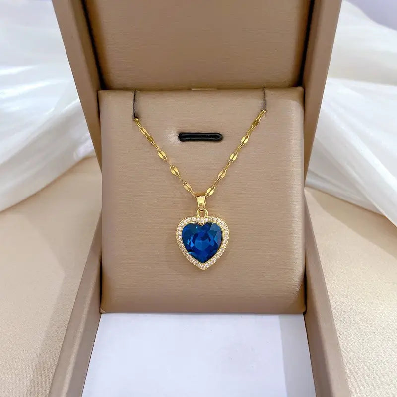 Gold-Toned Blue Crystal Heart Necklace
