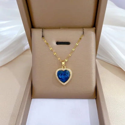 Gold-Toned Blue Crystal Heart Necklace