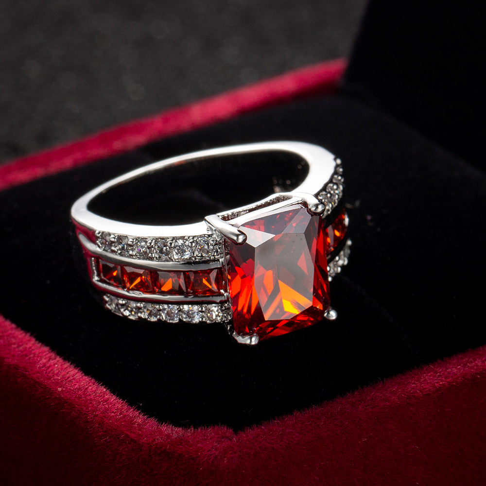 Silver-Toned Red Crystal Split-Shank Ring