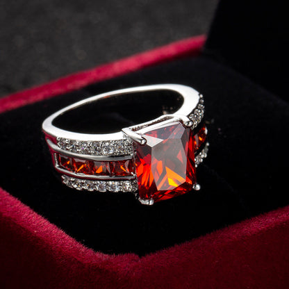 Silver-Toned Red Crystal Split-Shank Ring