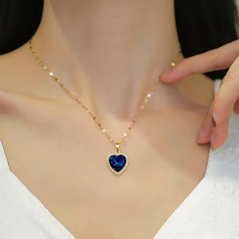 Gold-Toned Blue Crystal Heart Necklace