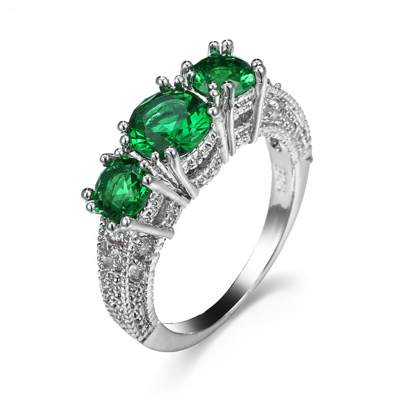 Silver-Toned Green Crystal Three-Stone Ring