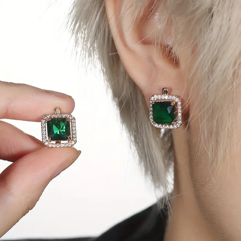 Golden Green Square Zirconia Earrings | Gold