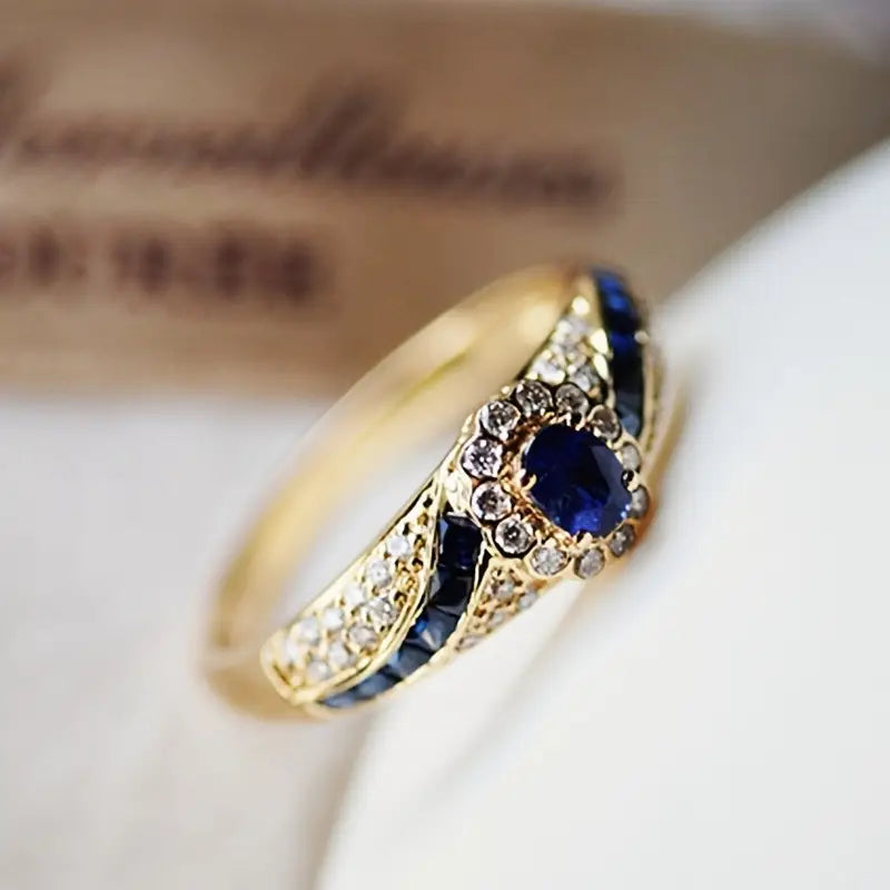 Gold-Toned Blue Crystal Band Ring