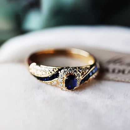 Gold-Toned Blue Crystal Band Ring
