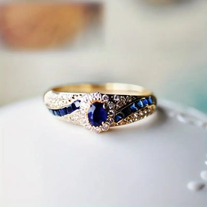Gold-Toned Blue Crystal Band Ring