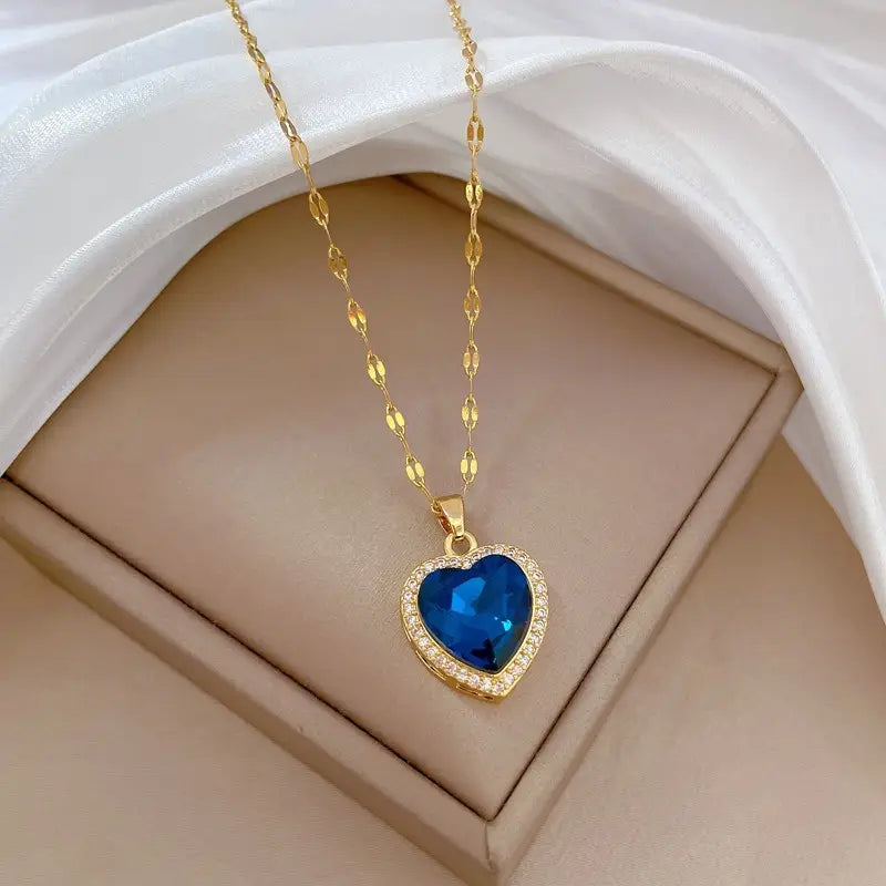 Gold-Toned Blue Crystal Heart Necklace