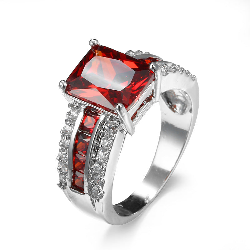 Silver-Toned Red Crystal Split-Shank Ring