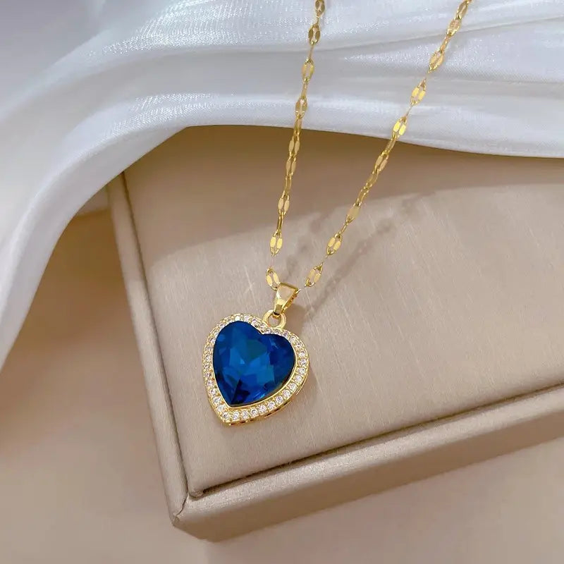 Gold-Toned Blue Crystal Heart Necklace