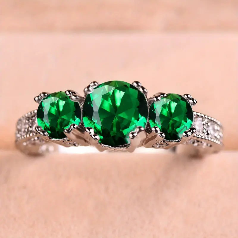 Silver-Toned Green Crystal Three-Stone Ring