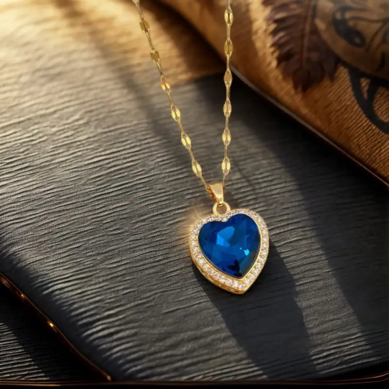 Gold-Toned Blue Crystal Heart Necklace