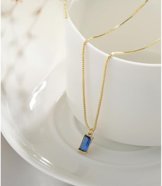 Gold-Toned Blue Crystal Minimalist Necklace