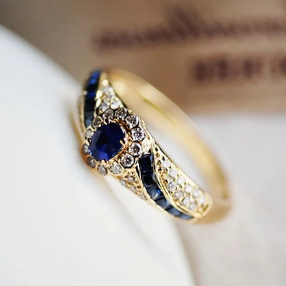 Gold-Toned Blue Crystal Band Ring